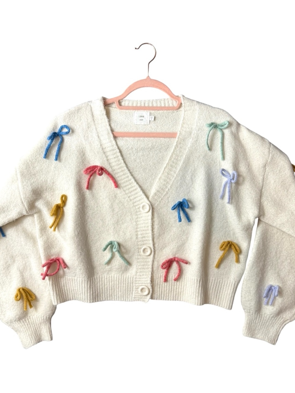 Luna Ivy Bow Cardigan Sweater Cream Coquette Cottagecore Size Small